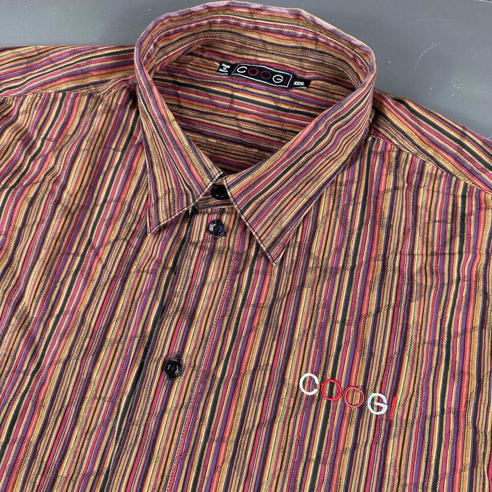 Coogi Shirt Mens 3XL Rust Red Puple Black Rainbow Striped Dress 3D Textured